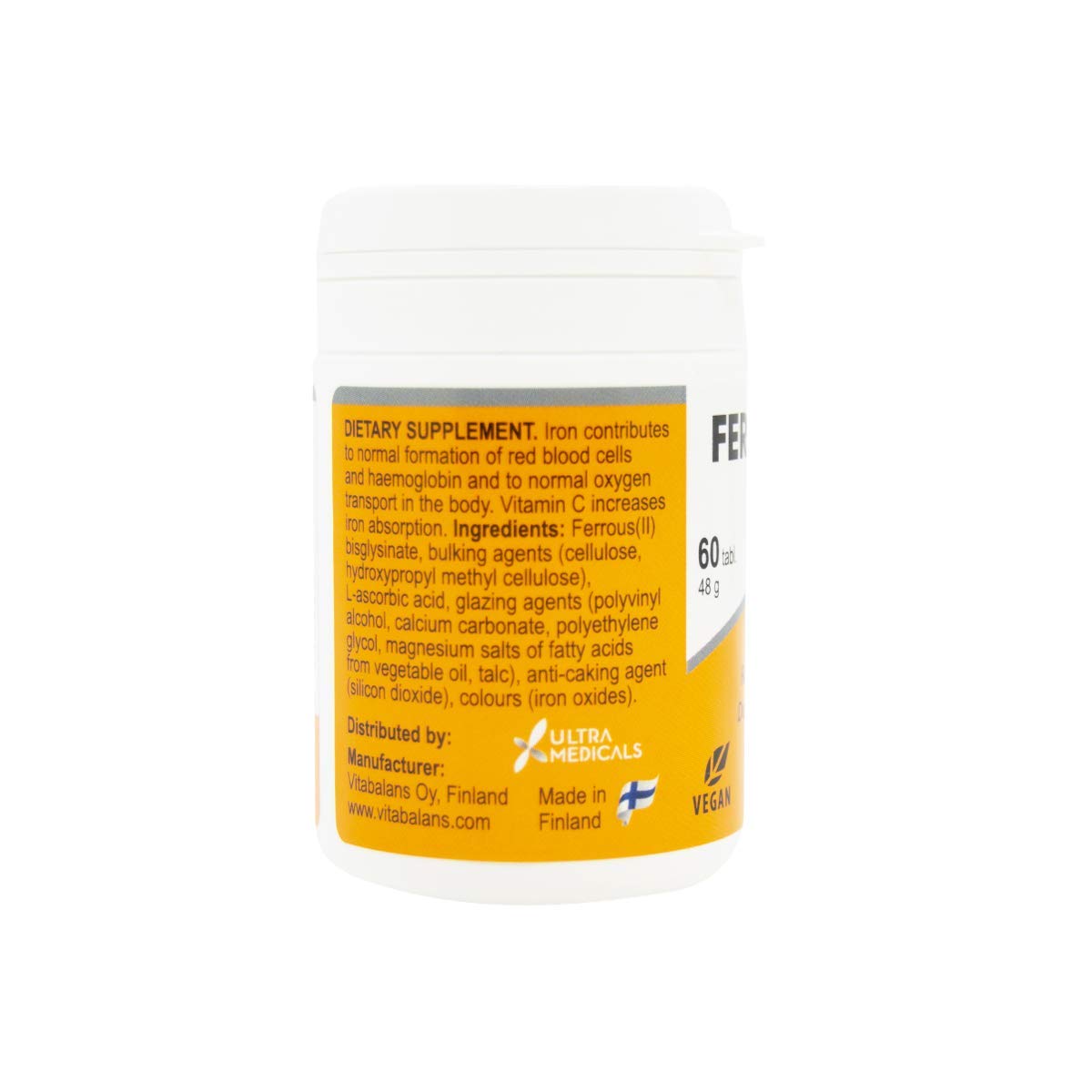 Vitabalans iron bisglycinate supplement UAE bottle with 60 vegan tablets yellow white label made in Finland