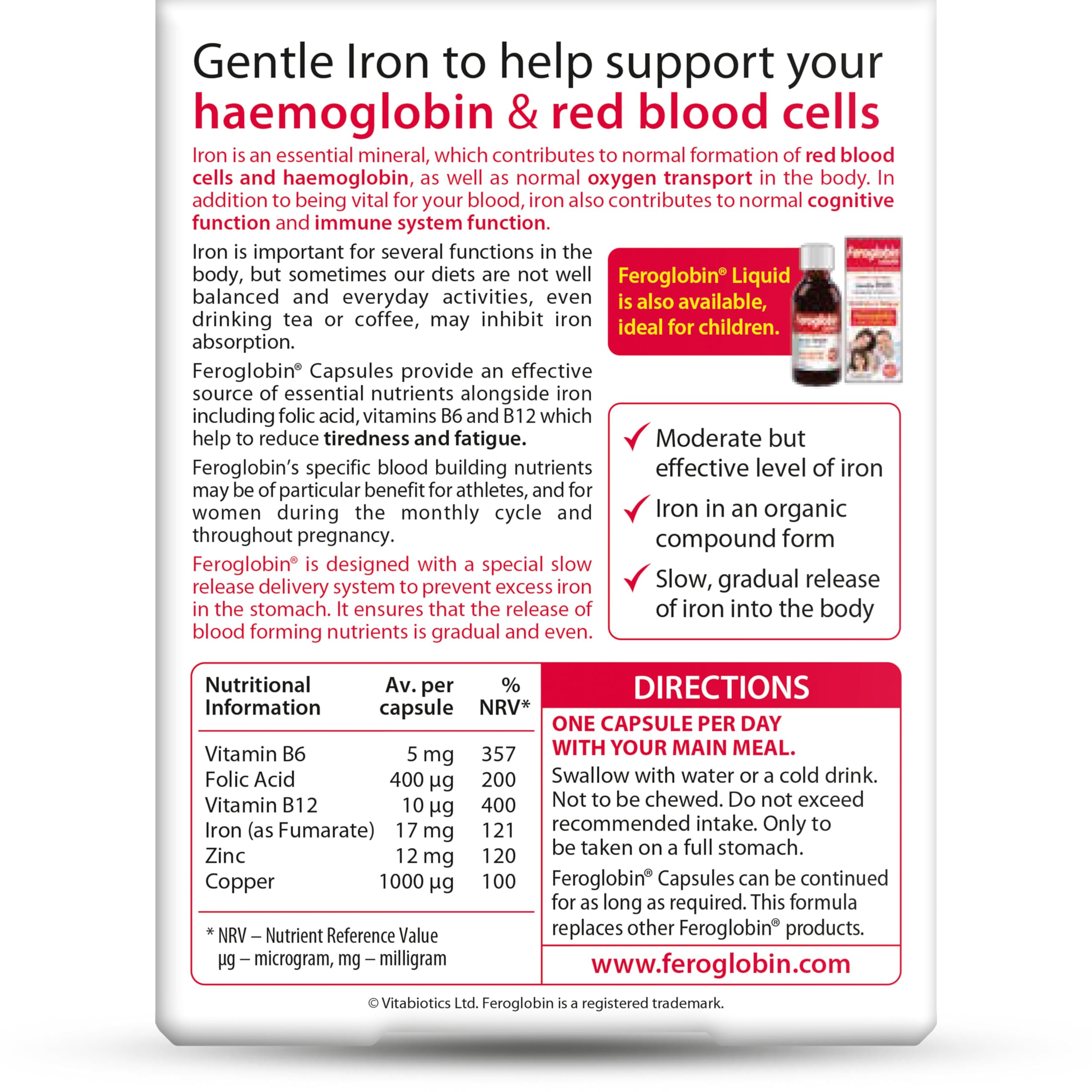 Feroglobin capsules UAE box back showing supplement facts table directions and product bottle image