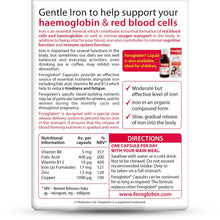 Iron supplement capsules box back with directions and nutritional information table