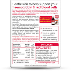 Feroglobin capsules UAE box back showing supplement facts table directions and product bottle image