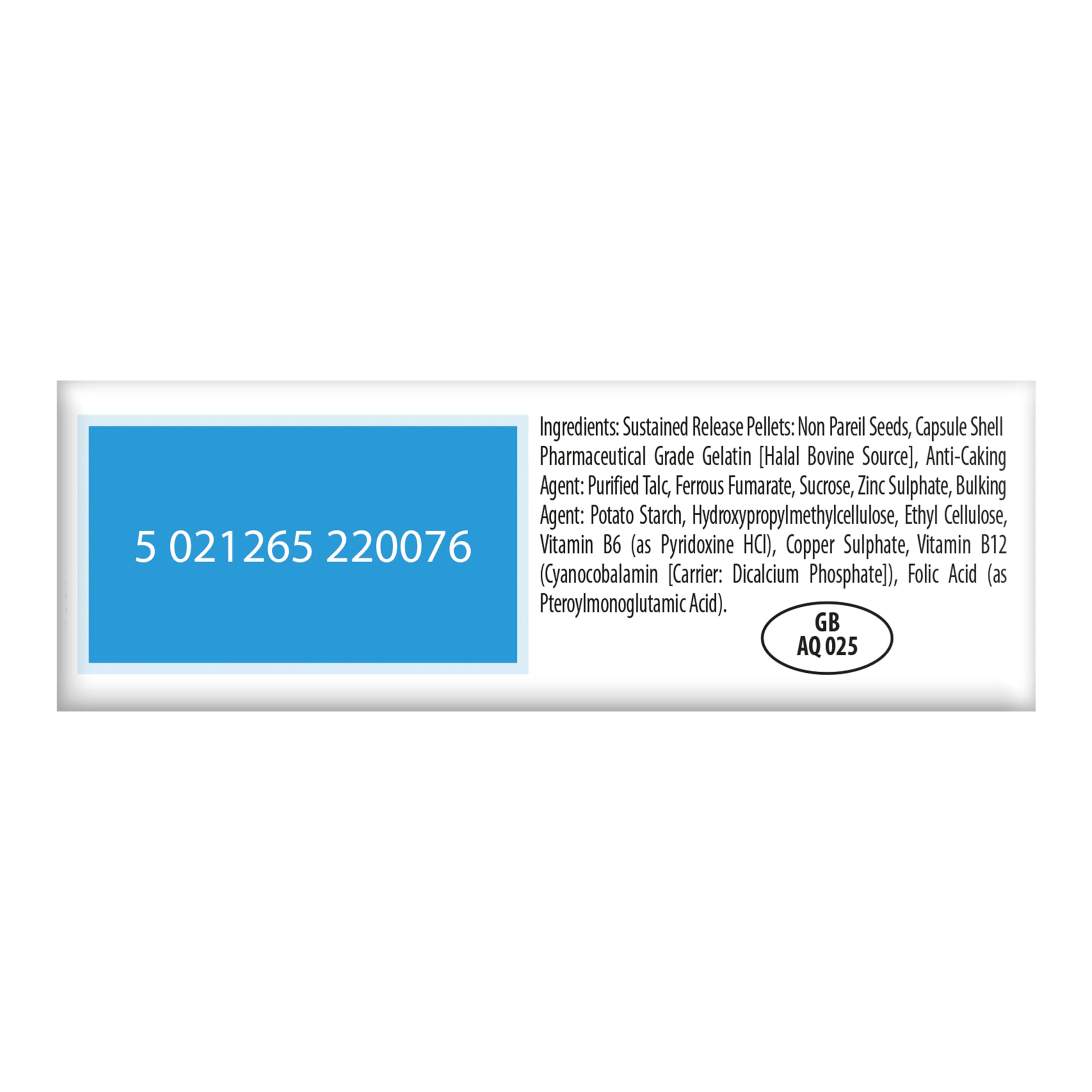Feroglobin capsules UAE package back label showing ingredients list and barcode number