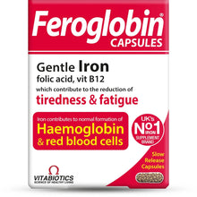 Iron supplement capsules box, red and white with Feroglobin and Gentle Iron text