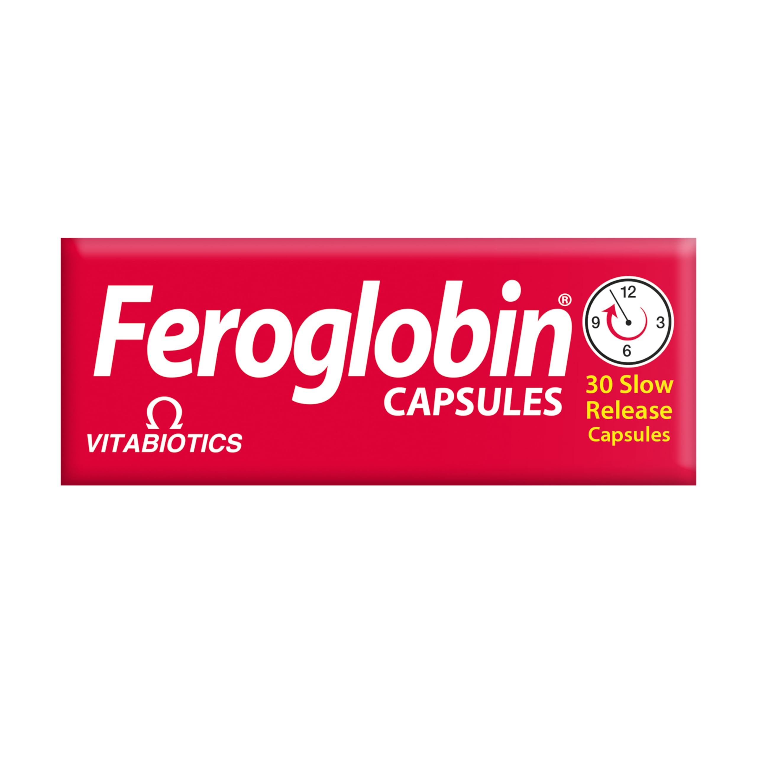 Feroglobin capsules UAE red Vitabiotics box showing 30 slow release capsules with clock icon