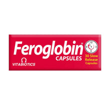 Iron supplement capsules box with Feroglobin logo, clock icon and 30 slow release