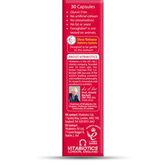 Back panel of Feroglobin capsules box showing slow release gluten free claims and Vitabiotics contact info Feroglobin capsules UAE