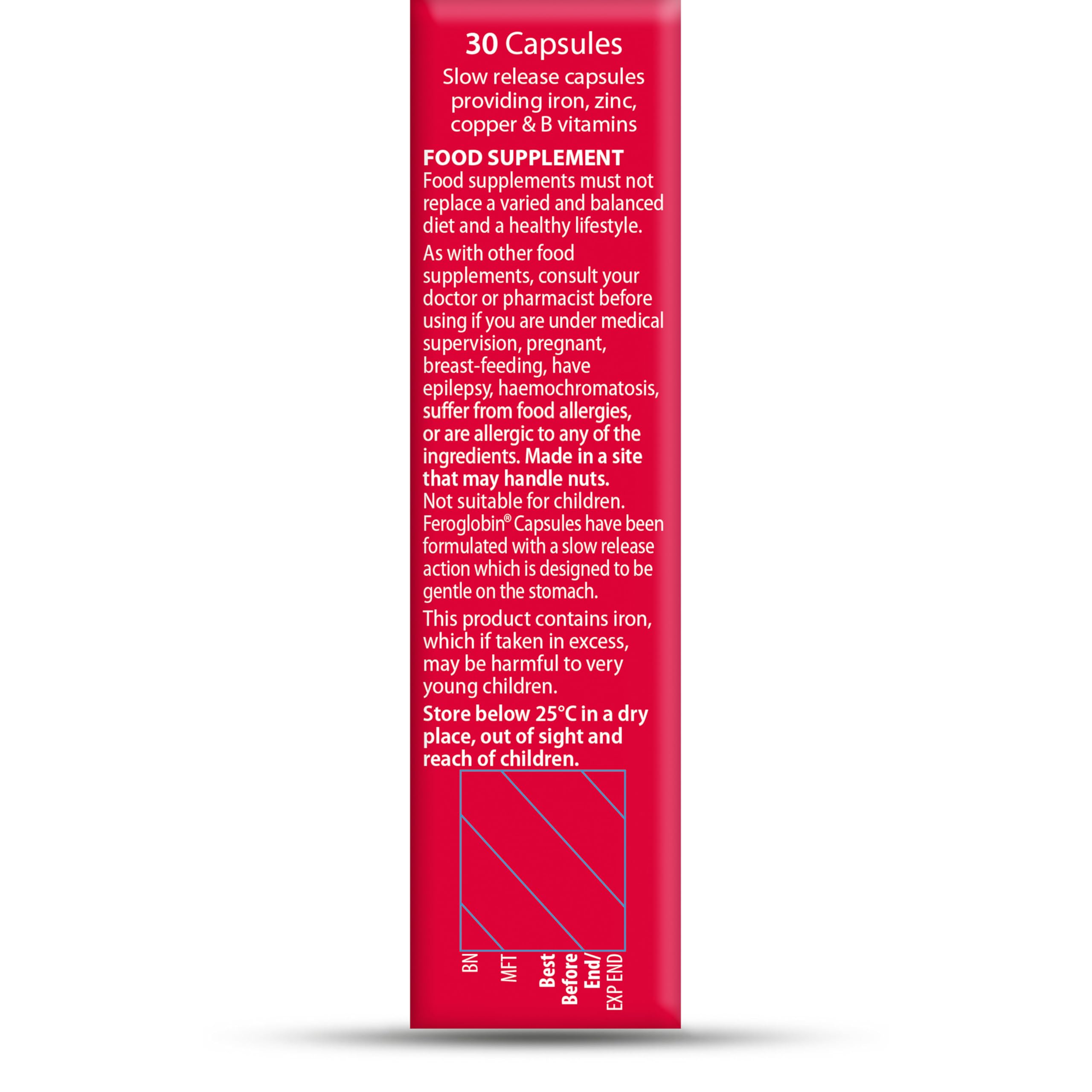 Feroglobin capsules UAE red box side label showing 30 slow release capsules details ingredients warnings and storage