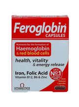 Feroglobin capsules box, red top with 'Haemoglobin' and iron, folic acid info