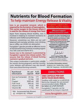 Feroglobin capsules box back panel with directions, ingredients, and nutrient table