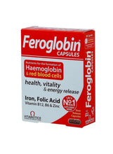 Feroglobin capsules box side view, red and white with dosage and ingredient text