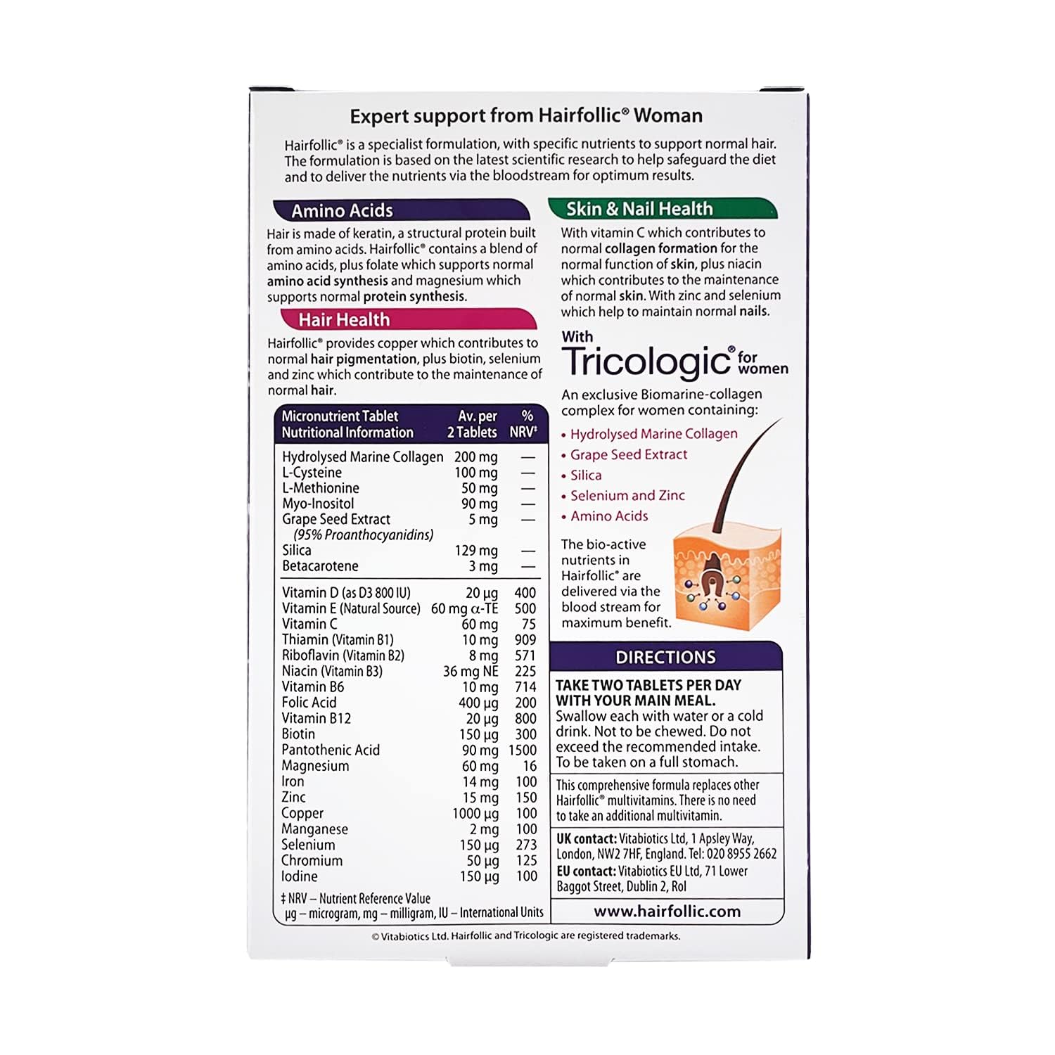 Back of Hairfollic Woman supplement box showing ingredients panel and usage directions Hairfollic Vitabiotics Woman tablets UAE