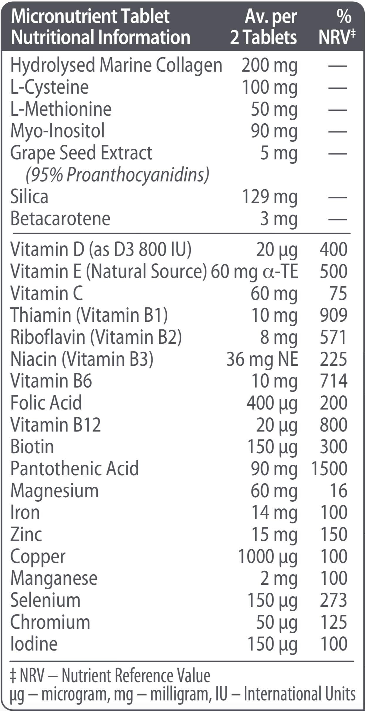 Hairfollic Vitabiotics Woman tablets UAE micronutrient facts table showing vitamins minerals collagen amounts per 2 tablets