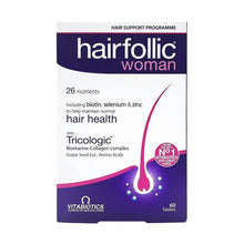 Hairfollic Woman supplement box front, 60 tablets, hair health nutrients info