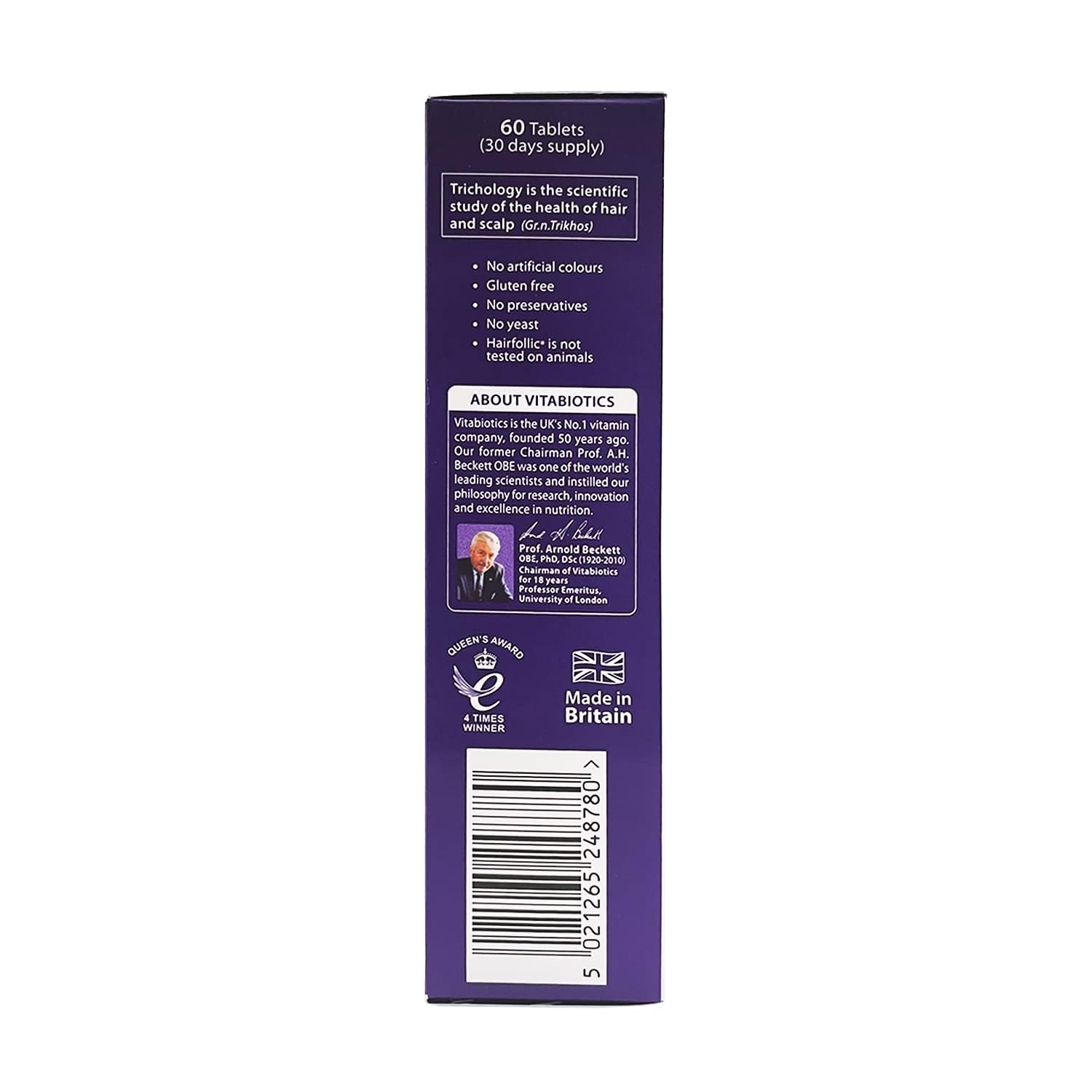 Side view of purple Hairfollic Vitabiotics Woman tablets UAE box showing 60 tablets 30 day supply barcode Made in Britain