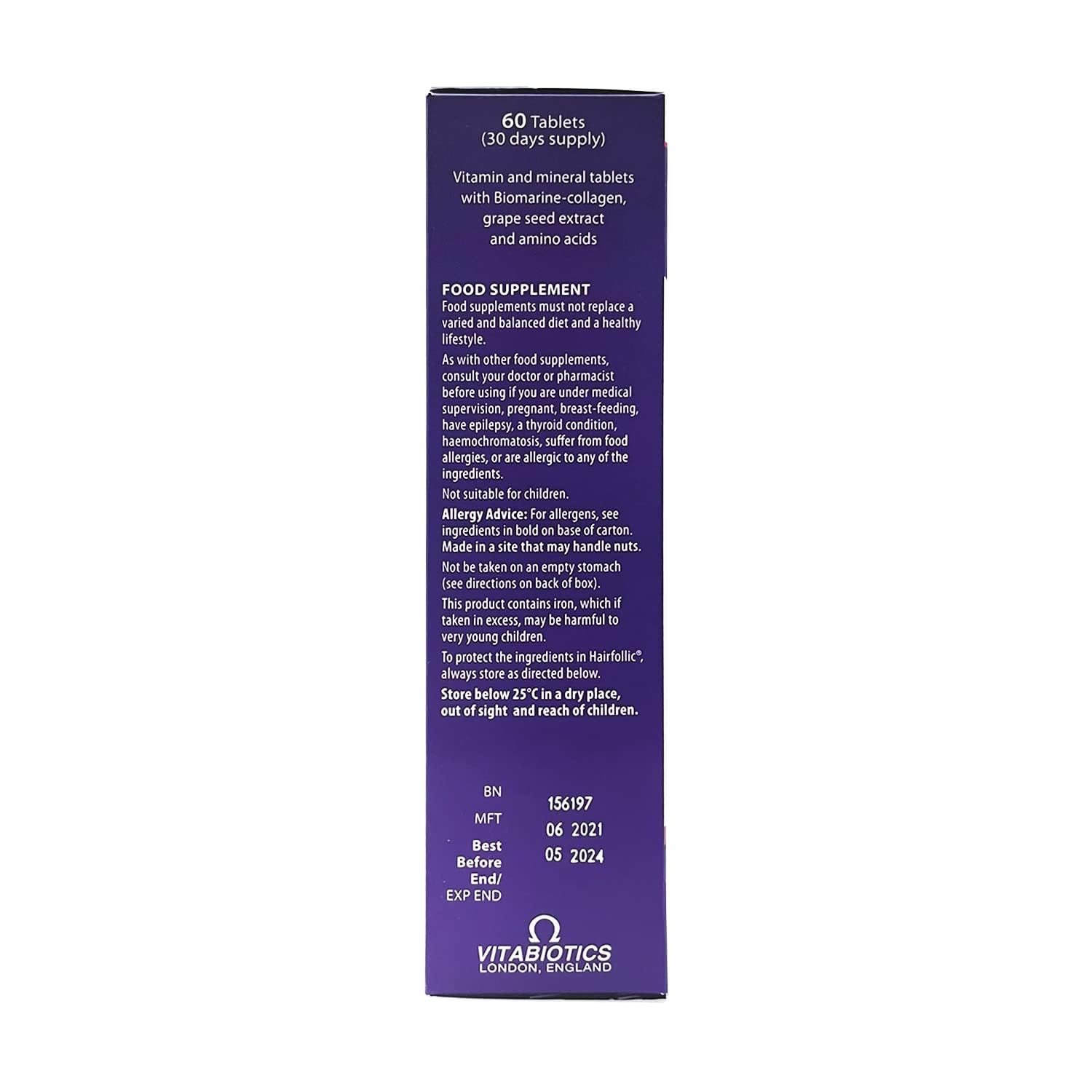 Hairfollic Vitabiotics Woman tablets UAE purple box back label showing 60 tablets supplement info and expiry