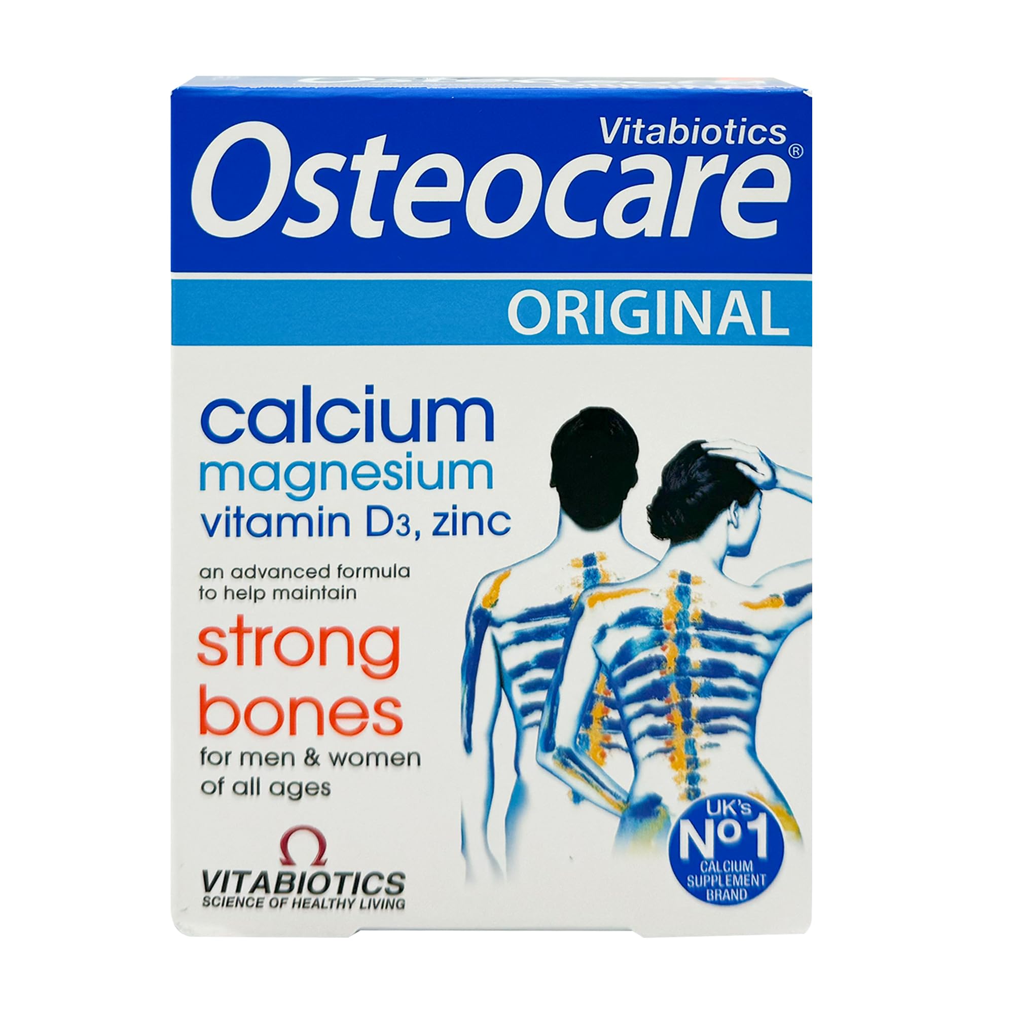 Vitabiotics Osteocare Original tablets box showing calcium magnesium vitamin D3 zinc and strong bones illustration
