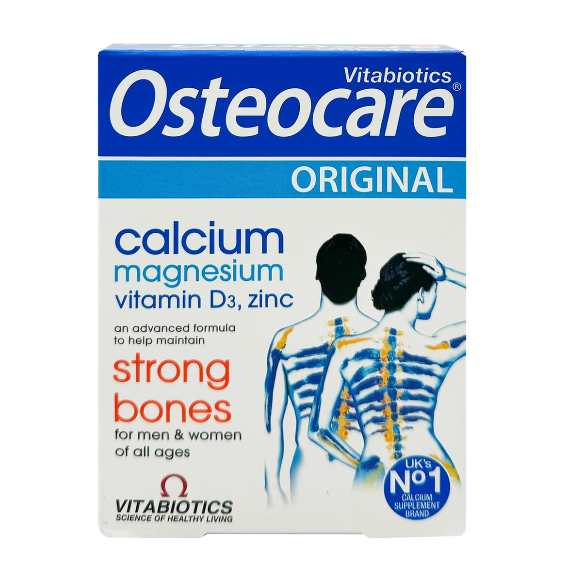 Vitabiotics Osteocare Original tablets box showing calcium magnesium vitamin D3 zinc and strong bones illustration