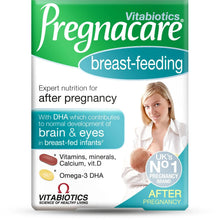 Vitabiotics Pregnacare breastfeeding supplement box, green-and-white with capsule icons