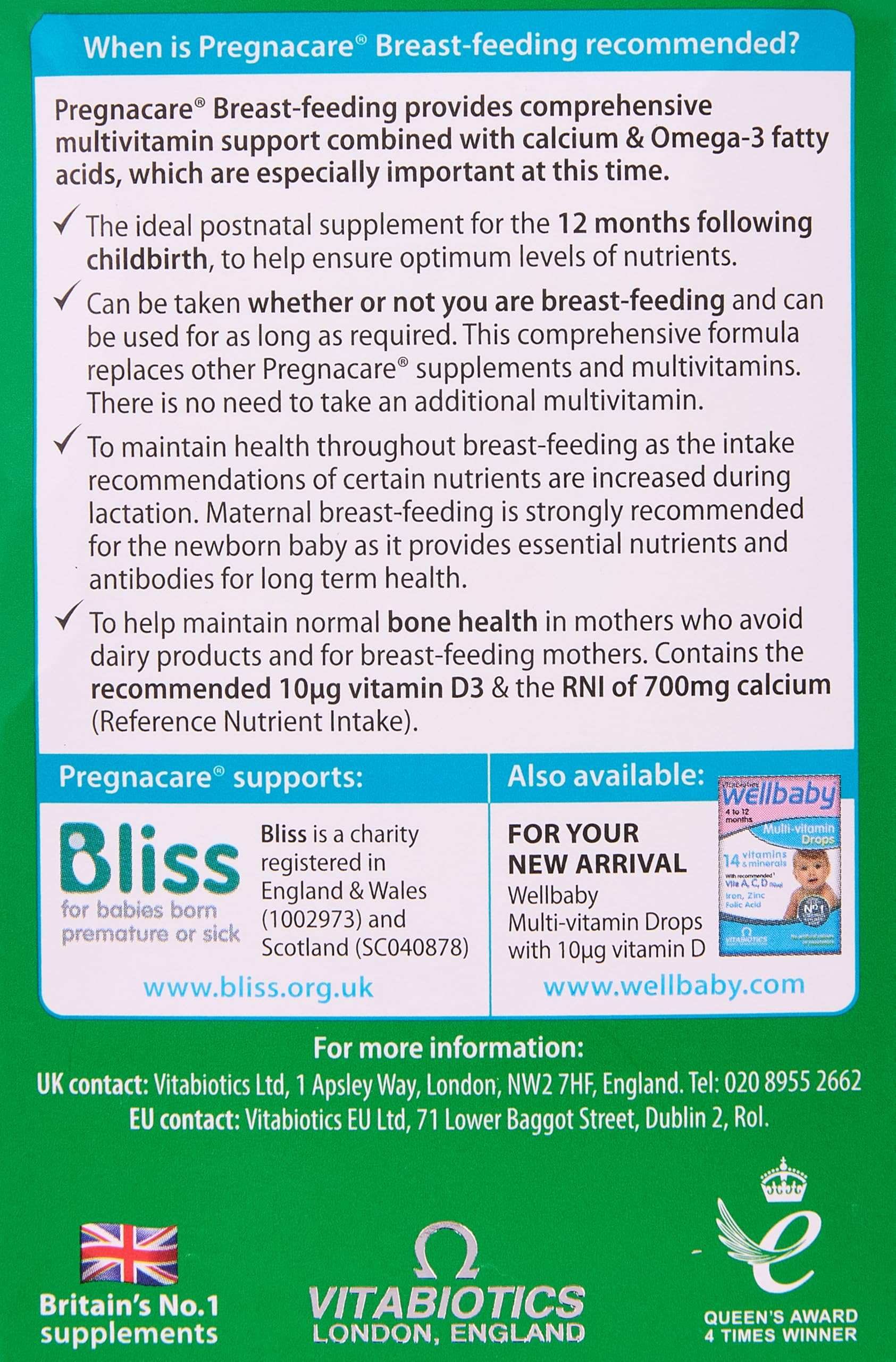 Vitabiotics Pregnacare box back panel with breastfeeding guidance logo and contact info Pregnacare breastfeeding supplements UAE
