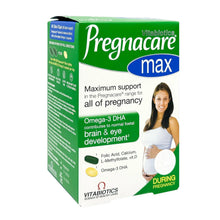 Pregnancy supplement box side panel, Vitabiotics Pregnacare max, omega-3 DHA and logo