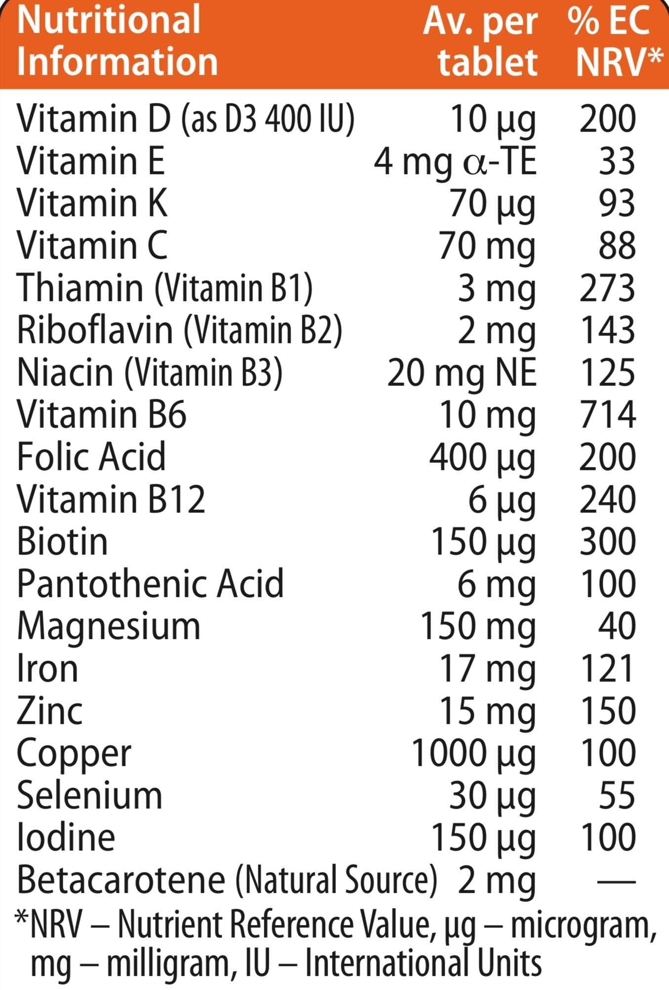 Pregnacare Vitabiotics Original pregnancy vitamins nutritional table showing vitamins and per tablet dosages