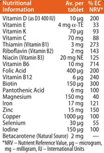 Nutritional information table for tablets listing vitamins and minerals per serving