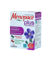 White box of Vitabiotics Menopace Plus tablets botanical supplement with purple flower image and ingredient highlights