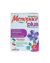 Menopace plus botanical tablets box, front panel with purple flower branding