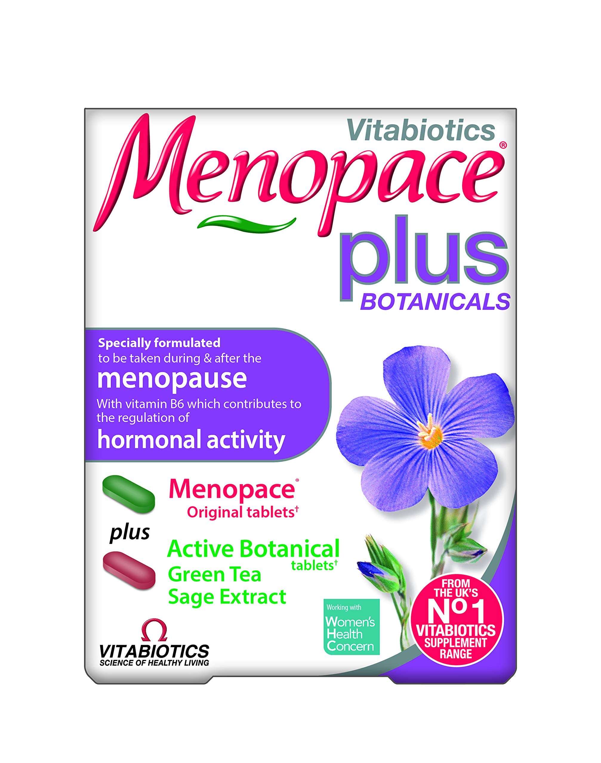 Vitabiotics Menopace Plus tablets botanical supplement box with purple flower and green tea sage extract