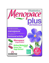 Menopace plus botanical tablets box with purple flower and hormonal activity label