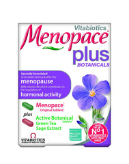 Vitabiotics Menopace Plus tablets botanical supplement box with purple flower and green tea sage extract
