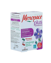 Menopace plus botanical tablets box back panel with ingredient and usage text