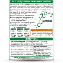 Vitamin D3 2000 IU supplement information panel with directions and nutrition
