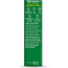 Vitamin D3 2000 IU 96 tablets supplement label, vegetarian suitable