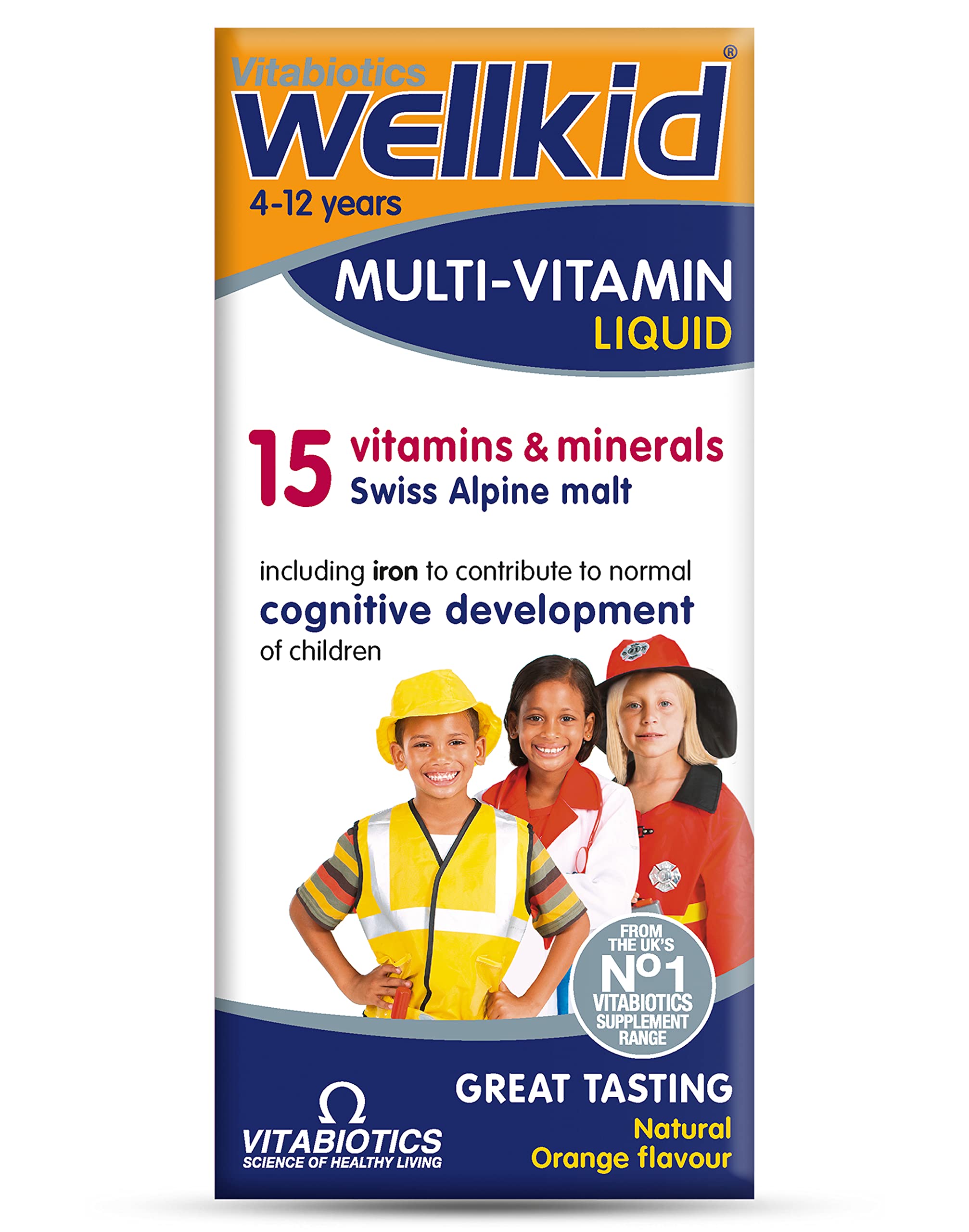 wellkid infant syrup multi vitamin liquid box showing 15 vitamins and minerals and children on packaging