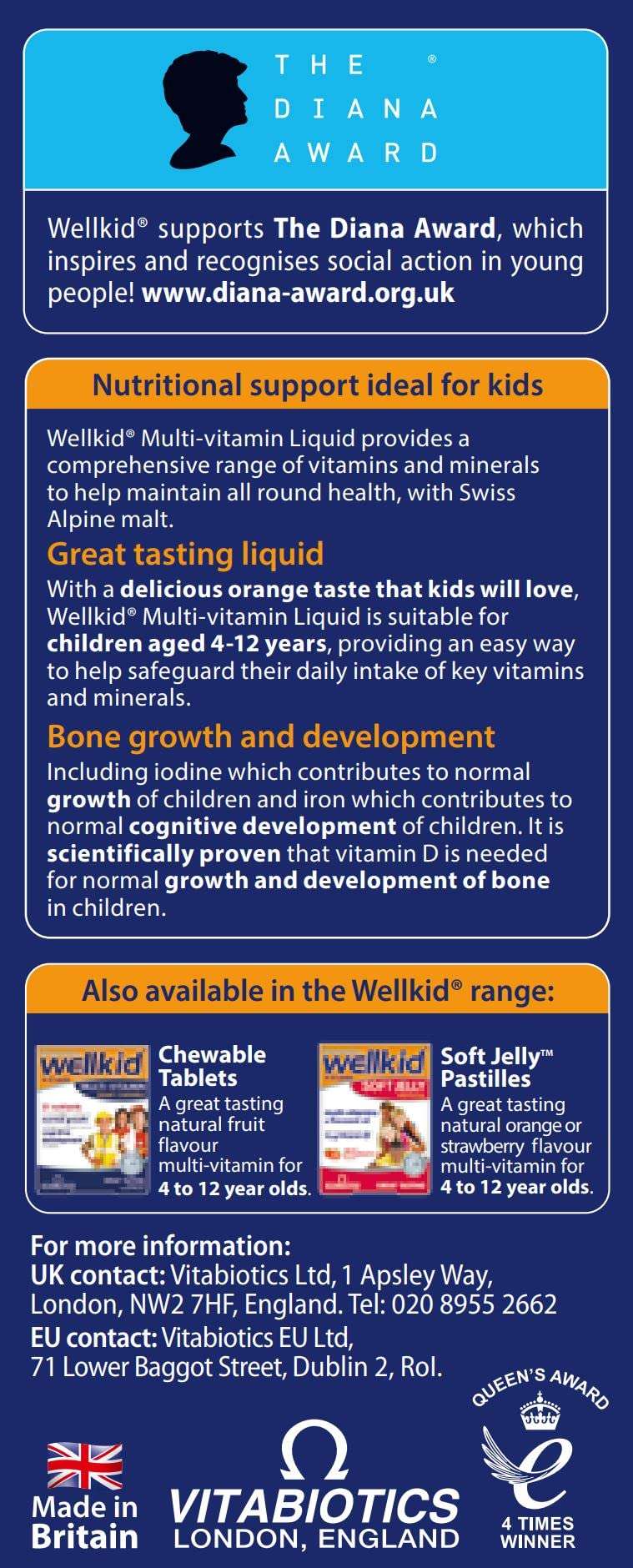 wellkid infant syrup orange flavored nutritional liquid label showing vitamins minerals and Diana Award logo