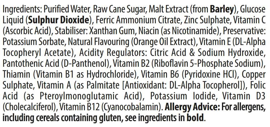 Close up of wellkid infant syrup ingredients label listing vitamins minerals natural flavouring preservatives and allergy advice