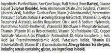 Ingredients list for multi-vitamin liquid supplement with purified water and malt extract