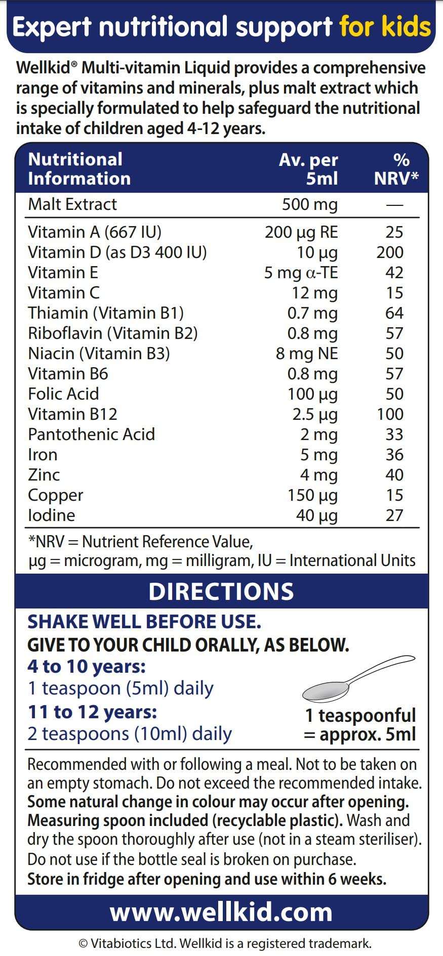 wellkid infant syrup multivitamin liquid label showing nutritional table and dosing directions for ages 4 to 12 years