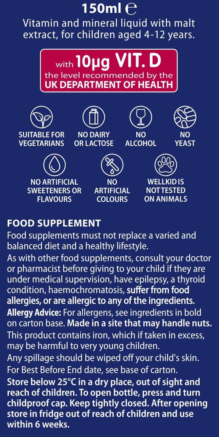 wellkid infant syrup 150ml vitamin and mineral liquid for children 4 to 12 years with 10ug vitamin D no dairy or alcohol