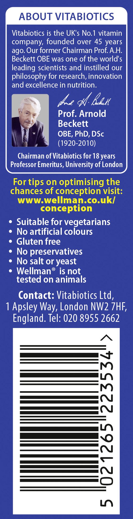 Wellman Conception Tablets for Men label showing Vitabiotics about text usage instructions icons and barcode