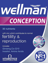 Wellman Conception supplement front label with 30 capsules and fertility & reproduction claims