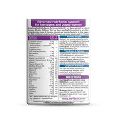 Back label of Wellteen supplement box showing nutrition facts directions and barcode for wellteen vitabiotics her 30 tablets