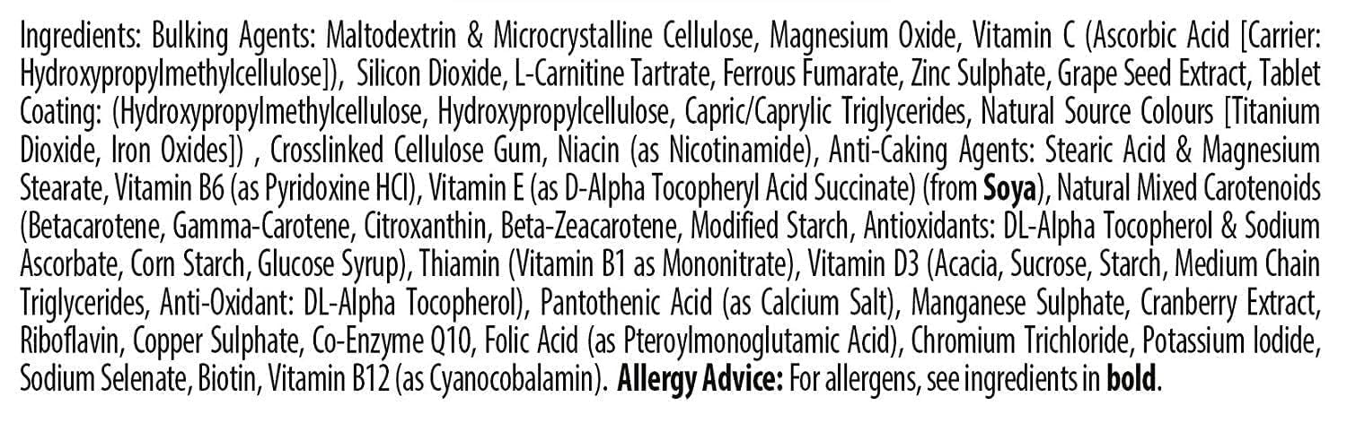wellteen vitabiotics her 30 tablets supplement ingredient label showing full ingredients and nutritional details