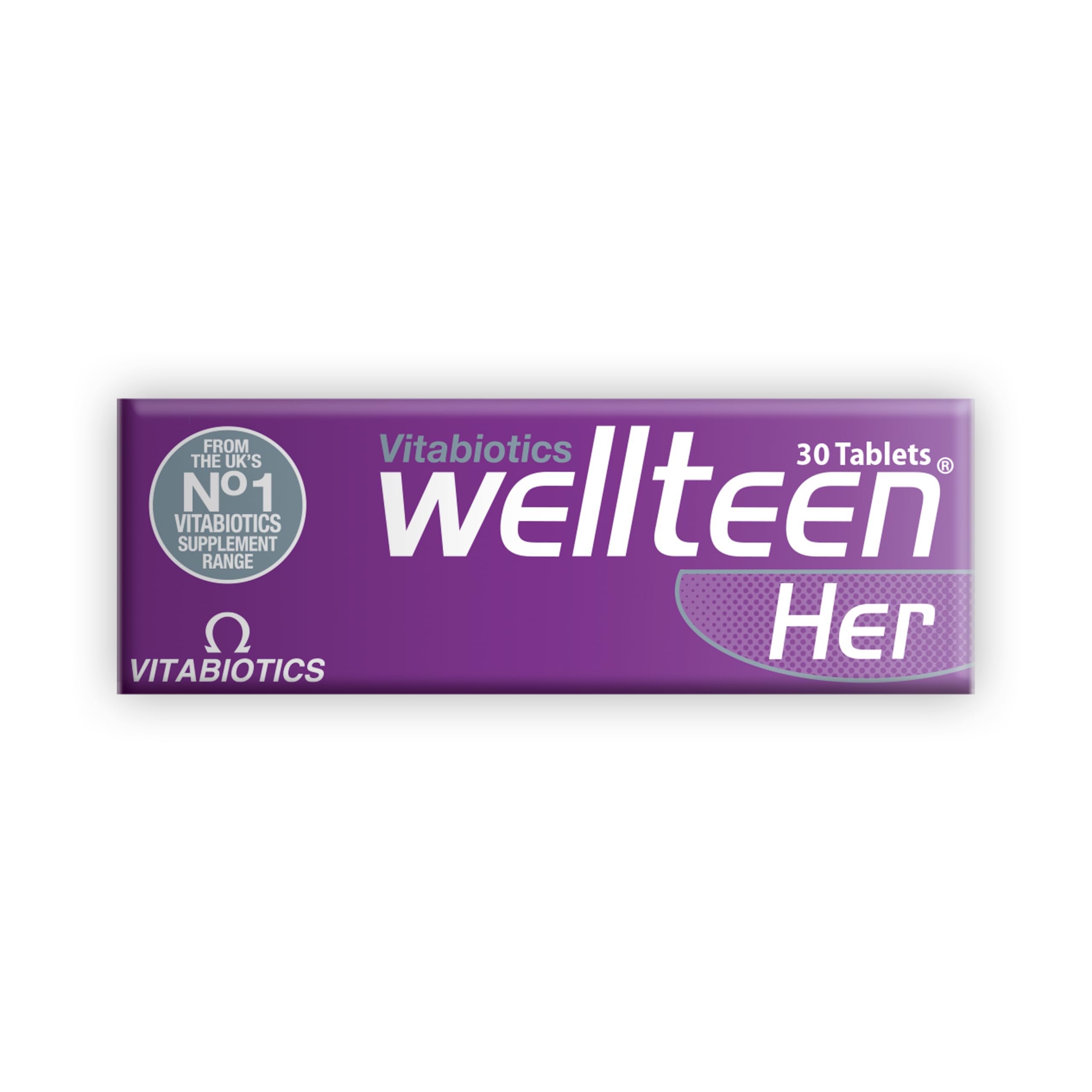 Purple Wellteen Her supplement box showing Vitabiotics branding and quantity 30 tablets wellteen vitabiotics her 30 tablets