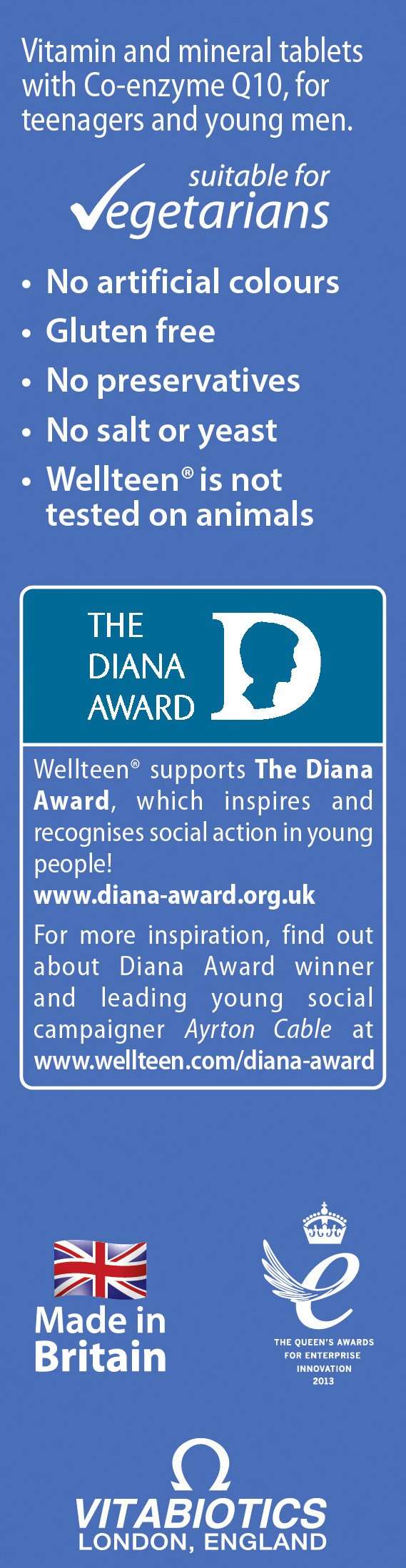 Wellteen Vitabiotics Him vitamins label stating vegetarian suitable gluten free no preservatives and Diana Award info