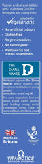Wellteen Vitabiotics Him vitamins label stating vegetarian suitable gluten free no preservatives and Diana Award info