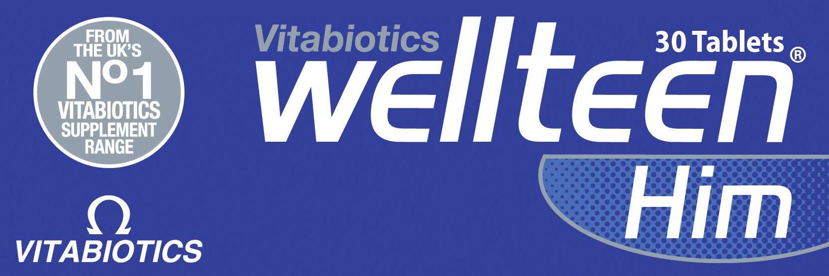 Wellteen Vitabiotics Him vitamins blue box packaging showing Wellteen Him logo 30 tablets and Vitabiotics seal