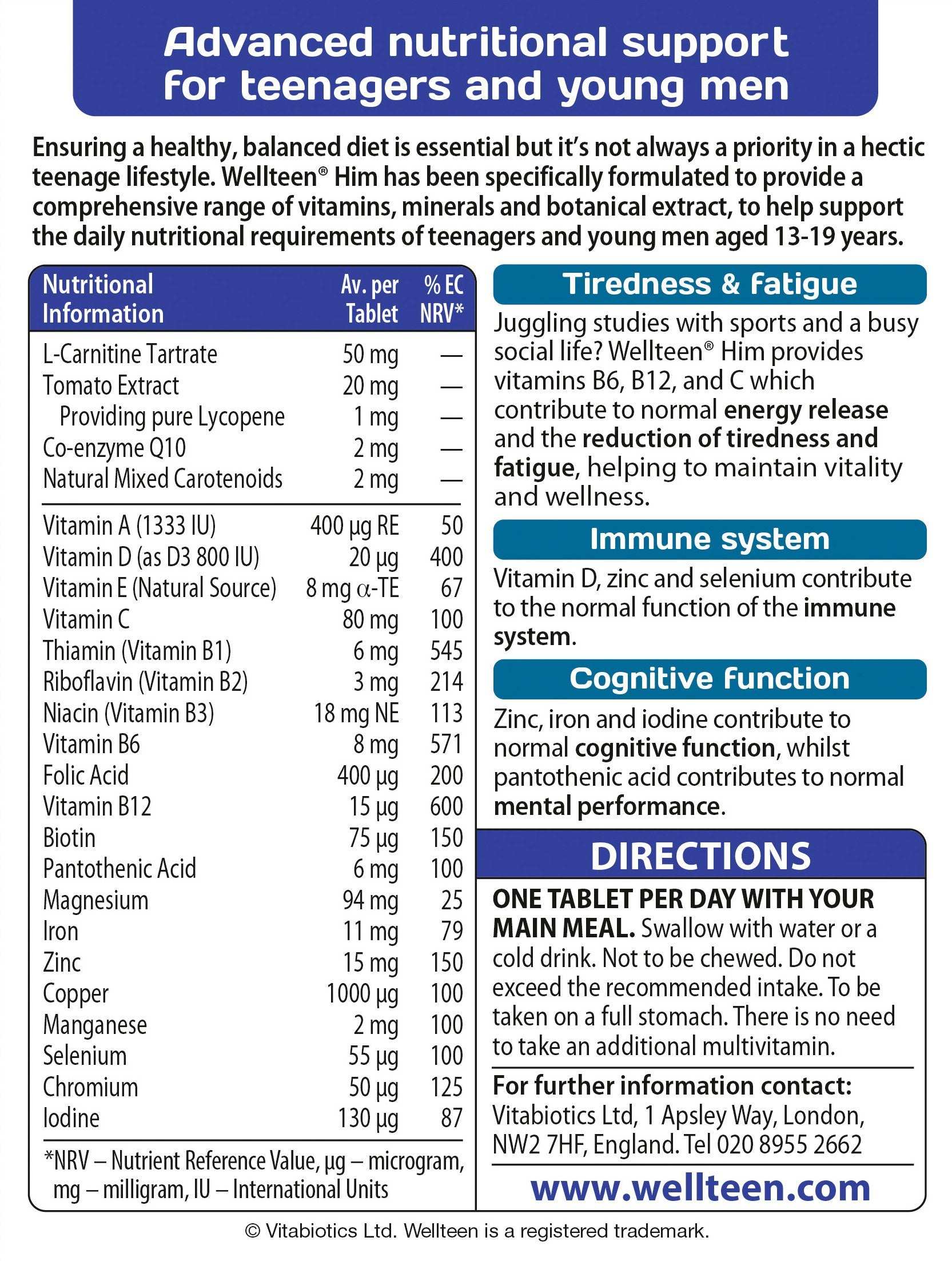 Wellteen Vitabiotics Him vitamins supplement facts and directions label for teenagers and young men