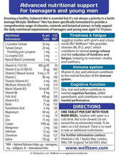 Wellteen Him 30 tablets nutritional support chart with vitamin amounts