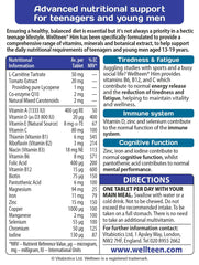 Wellteen Vitabiotics Him vitamins supplement facts and directions label for teenagers and young men